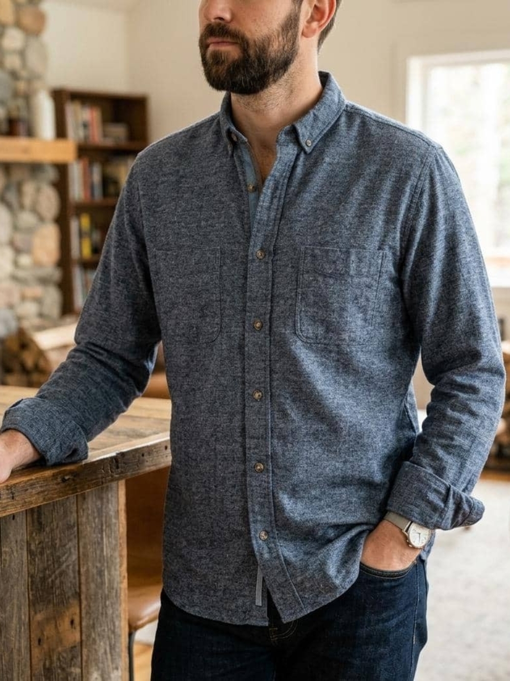 Mens Button-Down Casual Shirt in Heather Blue • Size L